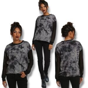 HOT TOPIC Ladies Gray & Black Mesh Sleeve Tie Dye Sweatshirt